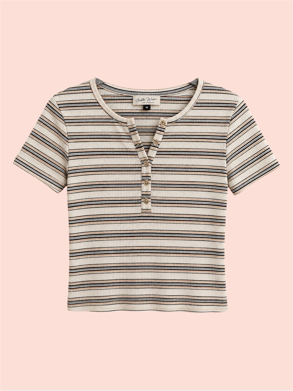 Ribbed Stripe Short Sleeve Henley Top